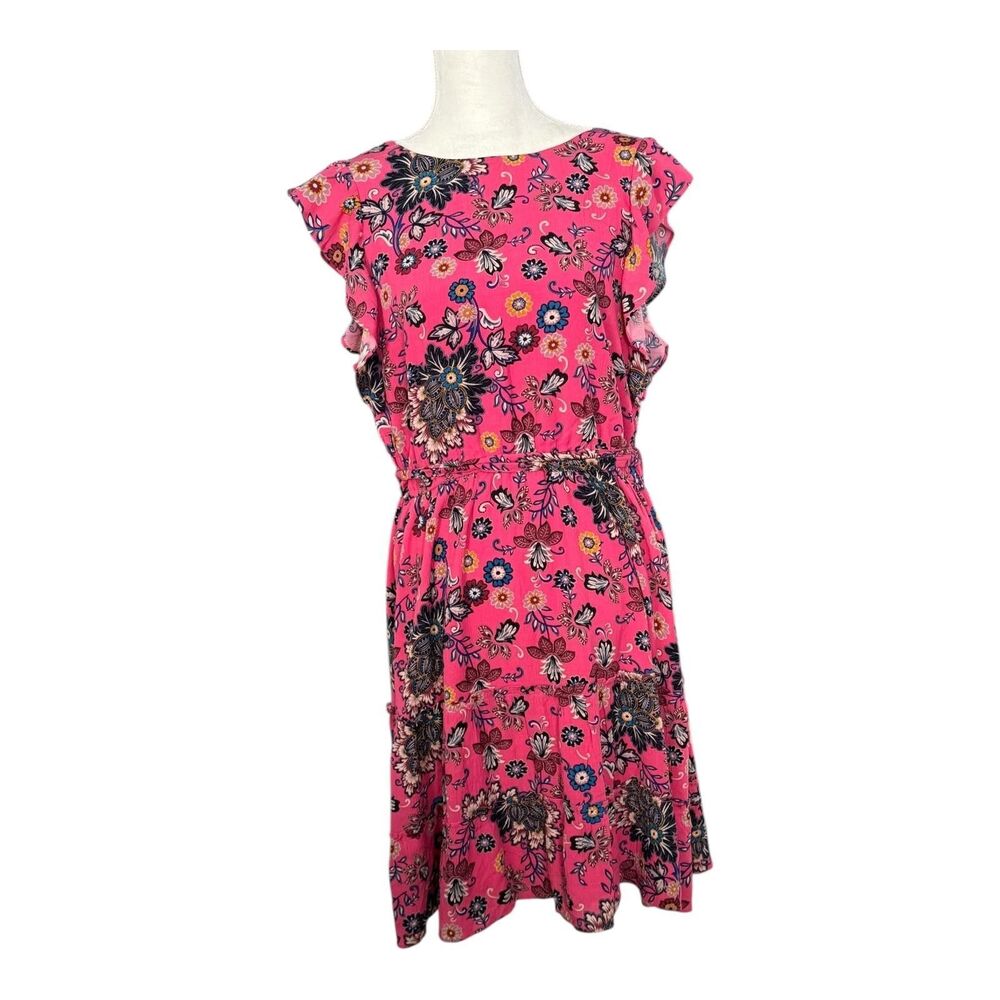LOFT Dress Womens Large Pink Floral Ruffle Cap Sleeve Tie Waist Sundress